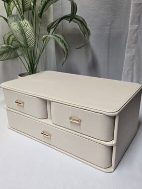 Cream Faux Leather Jewelry Organizer Drawers Gold Hardware Storage Box